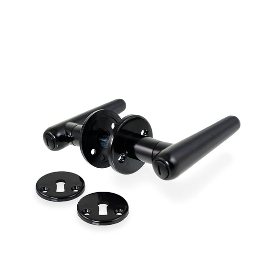 Torpedo black Bakelite door handles with roses and keyhole escutcheons for new and older doors
